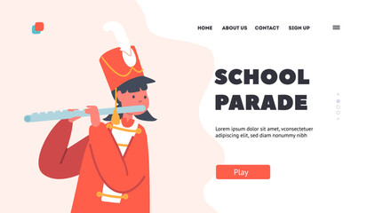 School Parade Landing Page Template. Happy Girl in Red Uniform Play Festival Music With Flute during March or Concert
