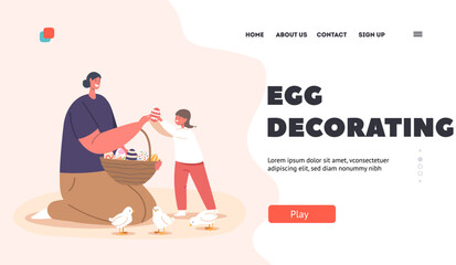 Egg Decorating Landing Page Template. Happy Family Celebrate Easter. Mother with Basket Full of Painted Eggs