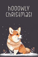 Cute Christmas card with corgi dog. Celebrating holidays with pets. Funny greeting card template. Merry Christmas illustration.