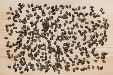 Watermelon seeds on a wooden background.  Seed pattern. Landing preparation concept.