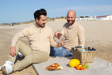 Smiling gay pouring champagne to boyfriend at picnic, Homosexual couple sitting on beach and...
