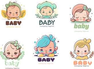 Cute baby girl boy logo template set Vector cartoon illustration Icon