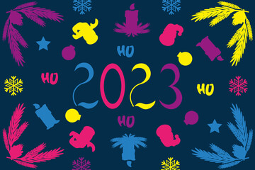 Naklejka premium Big banner with 2023 numbers, silhouette of reindeer, santa clause, christmas ball, candle, fir cone, star, snowflake and ho. Template new year marketing material, website 