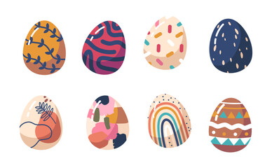 Set of Colorful Easter Eggs with Different Patterns. Holiday Eggs with Zig-Zag, Floral Decoration, Abstract or Rainbow