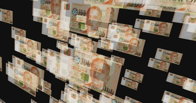 Singapore Dollar 100 SGD banknote loop. Flying between transparent money Singapore note. 3D seamless looped abstract concept of business, economy, finance, crisis and banking.