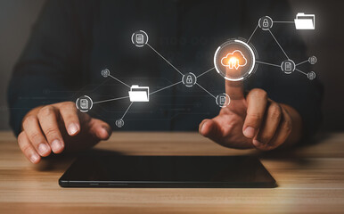 Businessman working on virtual screen of Document Management System (DMS). Software for archiving, searching, and managing corporate files and information, documentation in enterprise with ERP.