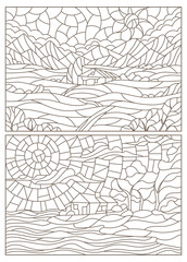 Fototapeta na wymiar Set contour illustrations of stained glass Windows landscape , lonely houses on a background of nature, dark outlines on a white background