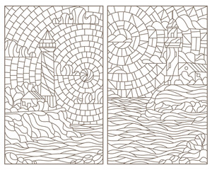 Set of contour illustrations of stained glass Windows with seascapes, lighthouses on the background of the sea and the Sunny sky