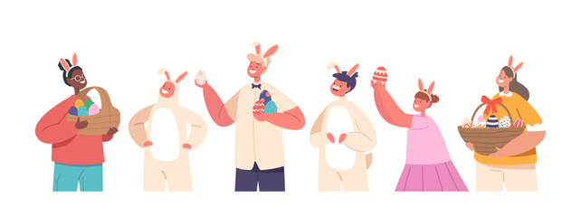 Children with Painted Eggs, Easter Game, Fun Amusement Concept. Girls and Boys Wear Rabbit Ears and Costumes Playing