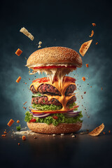 Fast Food concept, flying hamburgers ingredients in one delicious burger - obrazy, fototapety, plakaty