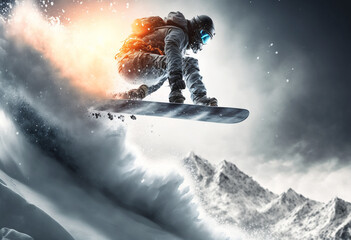 Jumping skier Snowboarding Extreme Winter Sport, High Speed Snow Jump, Skiing at High Speed 3D Illustration, Fictional Character