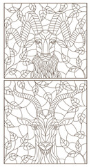 A set of contour illustrations of stained glass Windows with a ram and goat heads, dark contours on a white background