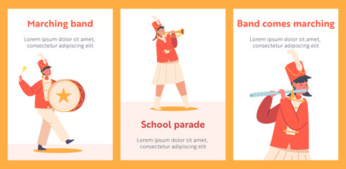 School Parade Cartoon Banners. Kids Band In Red Uniform Marching with Instruments. Happy Girls And Boys Play Fest Music