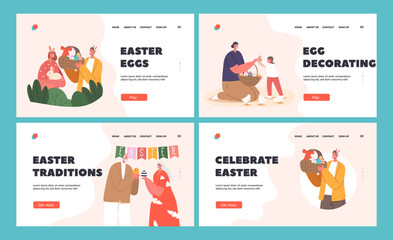 Family Easter Celebration Landing Page Template Set. Parent and Child, Young and Senior Couples with Rabbit and Basket