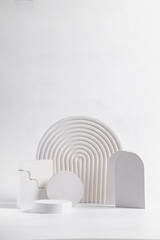White props for product photography on white seamless background - half-circles, oval doors, rippled arch, zig-zag stairs