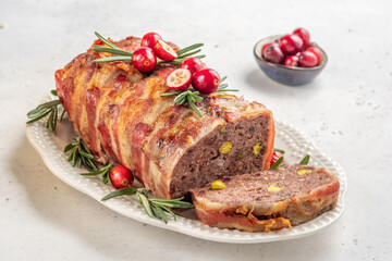 Terrine of pork with pistachios, cherries, chicken and bacon