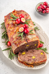 Terrine of pork with pistachios, cherries, chicken and bacon