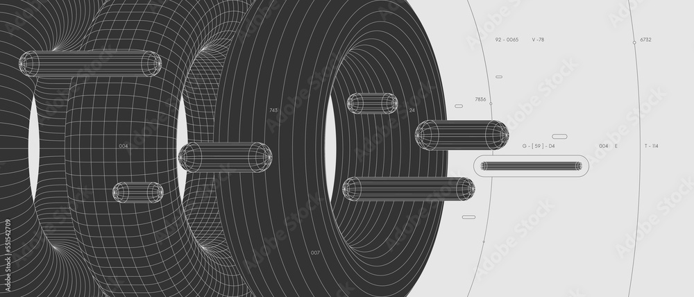 Aufkleber Strange abstract modern wireframes 3d geometric shapes, graphic composition design vector background, flying cylinders through tori with different texture, linear illustration in brutalism style