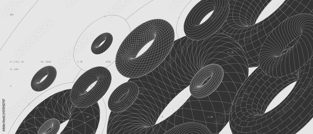 Poster Strange abstract modern wireframes 3d geometric shapes, graphic composition design vector background, illustration with tori of different textures, monochrome figures