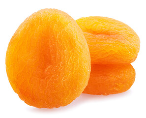 Delicious dried apricots isolated on white background. Macro shot.