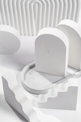 White props for product photography on white seamless background - half-circles, oval doors, rippled arch, zig-zag stairs