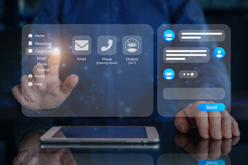 Chatbot conversation assistant. Person using online customer service with chat bot to get support. Contact us button. Artificial intelligence and CRM software automation technology for business.