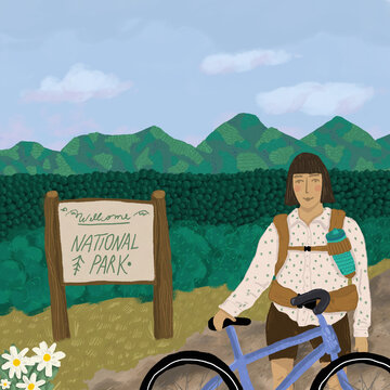 Woman with bicycle visiting national park