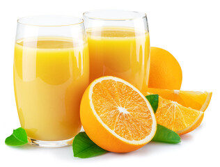Glasses of fresh orange juice and orange fruits isolated on white background.