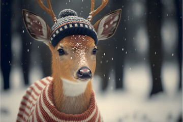 deer in the snow - obrazy, fototapety, plakaty