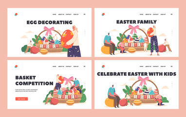 Easter Family Landing Page Template Set. Parents and Children Girls or Boys Wear Rabbit Ears Play and Hunt Eggs