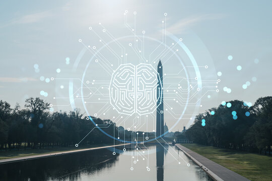 Washington Monument and the Capitol Building, Washington DC, USA. Seen from reflecting pool. Artificial Intelligence concept, hologram. AI, machine learning, neural network, robotics - Powered by Adobe