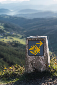 Signpost near path on cloudy day