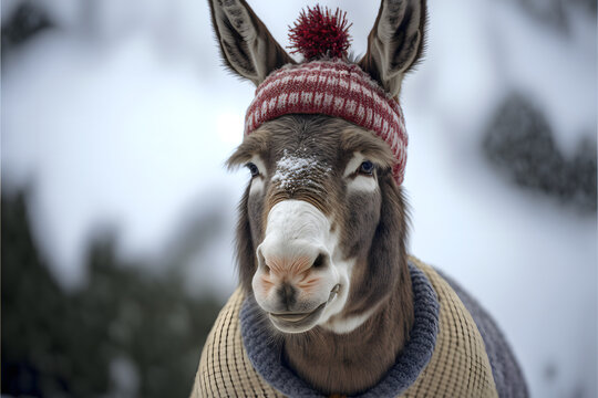 Christmas Donkey With Santa Hat In The Snow, Realistic 3d Rendering