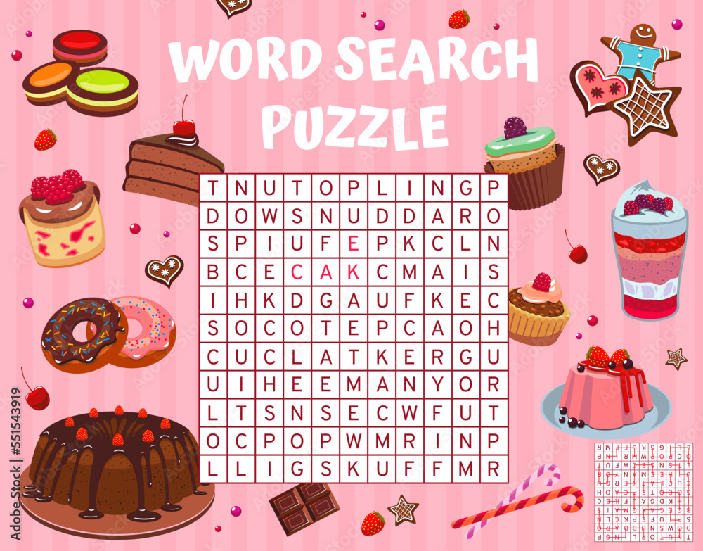 Wall mural cartoon cakes, pies and desserts, word search puzzle game worksheet, vector word quiz. word search r