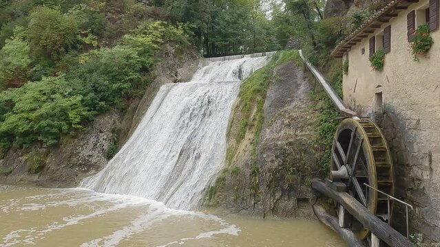 Ancient watermill wheel, Molinetto della Croda, Refrontolo, Treviso, Italy