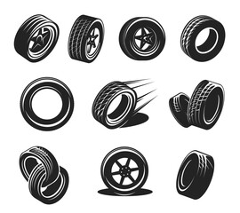 Car tyre icons, wheel tire, rim disk monochrome vector retro symbols. Automobile spare parts, repair service shop vintage graphic icons with vehicle, sport car rubber black tyres © Vector Tradition