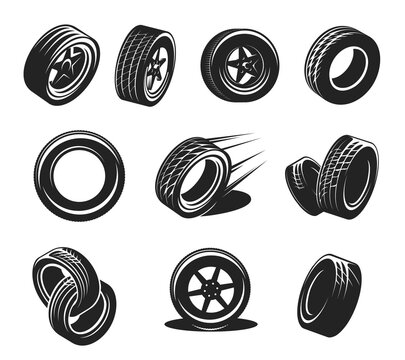 Car tyre icons, wheel tire, rim disk monochrome vector retro symbols. Automobile spare parts, repair service shop vintage graphic icons with vehicle, sport car rubber black tyres