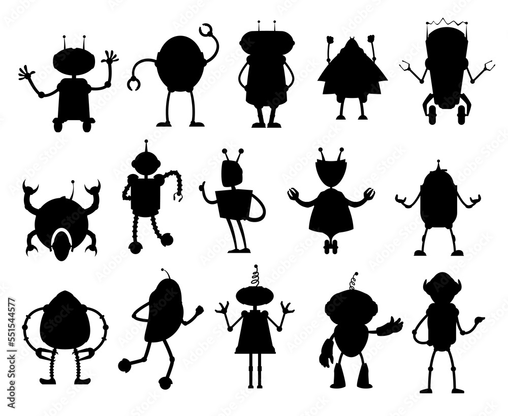 Leinwandbilder robots and droids silhouettes. alien droids, future cyborg characters or chat bots vector silhouette