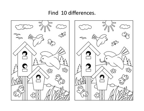 Find 10 differences visual puzzle and coloring page with birdhouses and birds feeding their nestlings

