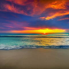 Epic Sunset on the tropical beach with some clouds in the sky. Golden hours; resort with turquoise ocean