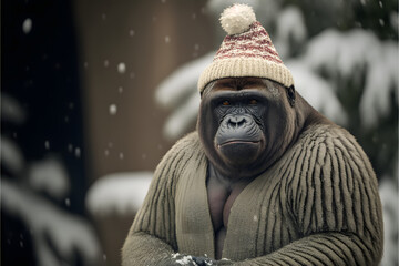 Fototapeta na wymiar christmas gorilla with santa hat in the snow, realistic 3d rendering