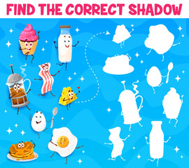 Find the correct shadow of cartoon breakfast food characters. Shadow search quiz, matching puzzle vector worksheet with milk bottle, french press coffee and bacon, cheese, egg, pancake comic personage