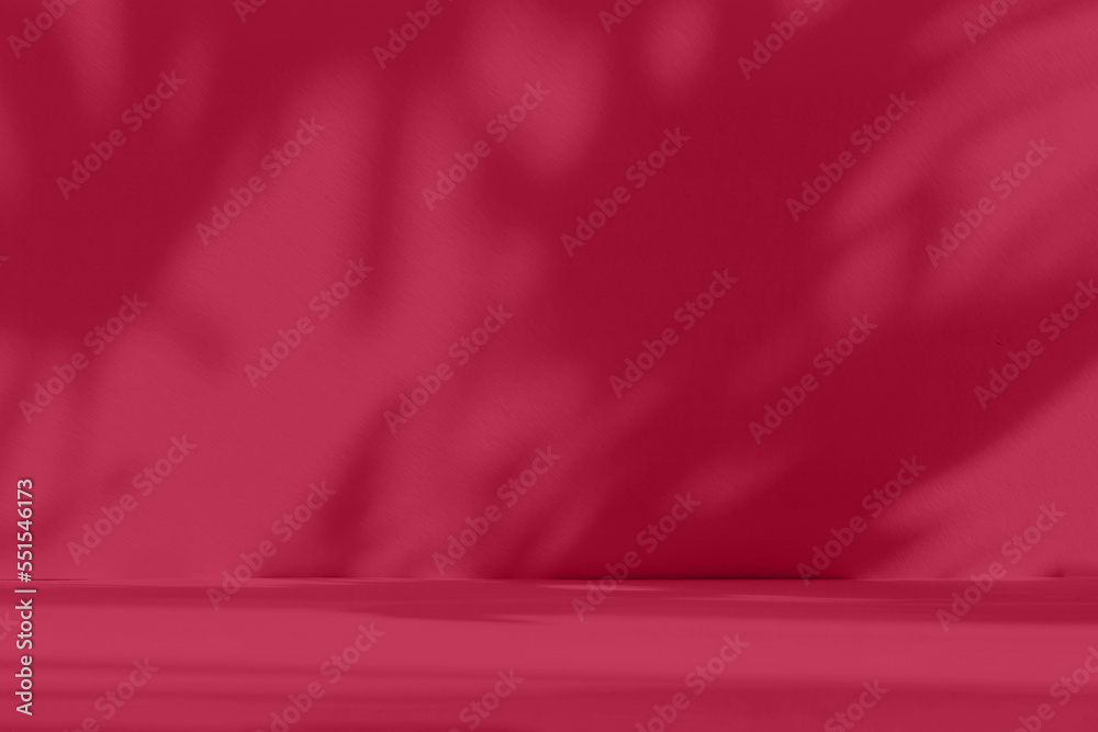 Aufkleber Abstract gradient blue studio background for product presentation. Empty room with shadows of window and flowers and palm leaves . 3d room with copy space. Trendy Color of the Year 2023 viva magenta