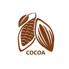 Cocoa icon, cacao or chocolate beans with leaf, vector coffee fruit symbol. Cocoa seeds icon of candy, choco cream or butter and chocolate drink or dessert products sign and emblem