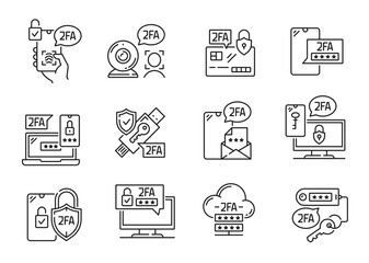 Two factor verification icons, 2FA password in mobile phone sms login, vector codes. 2 step authentication on computer or laptop to verify access security via smartphone for user privacy, line icons