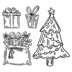 Hand drawn gift and christmas tree isolated. Vector sketch black and white background illustration icon doodle