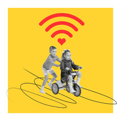 Contemporary art collage. Two cheerful children playing together, little boy riding girl on bicycle. Childhood love