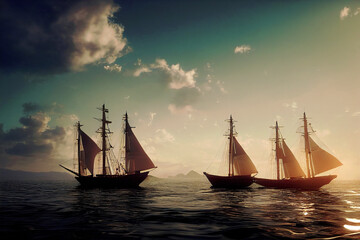 Obraz premium Sailing ships on the open ocean with waves