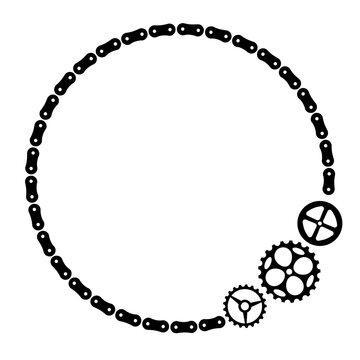 Border made of bicycle chain and tools and chain rings. Circle, ellipse frame. Vector illustration