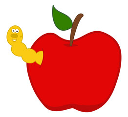 Smiling yellow maggot coming out of a juicy red apple